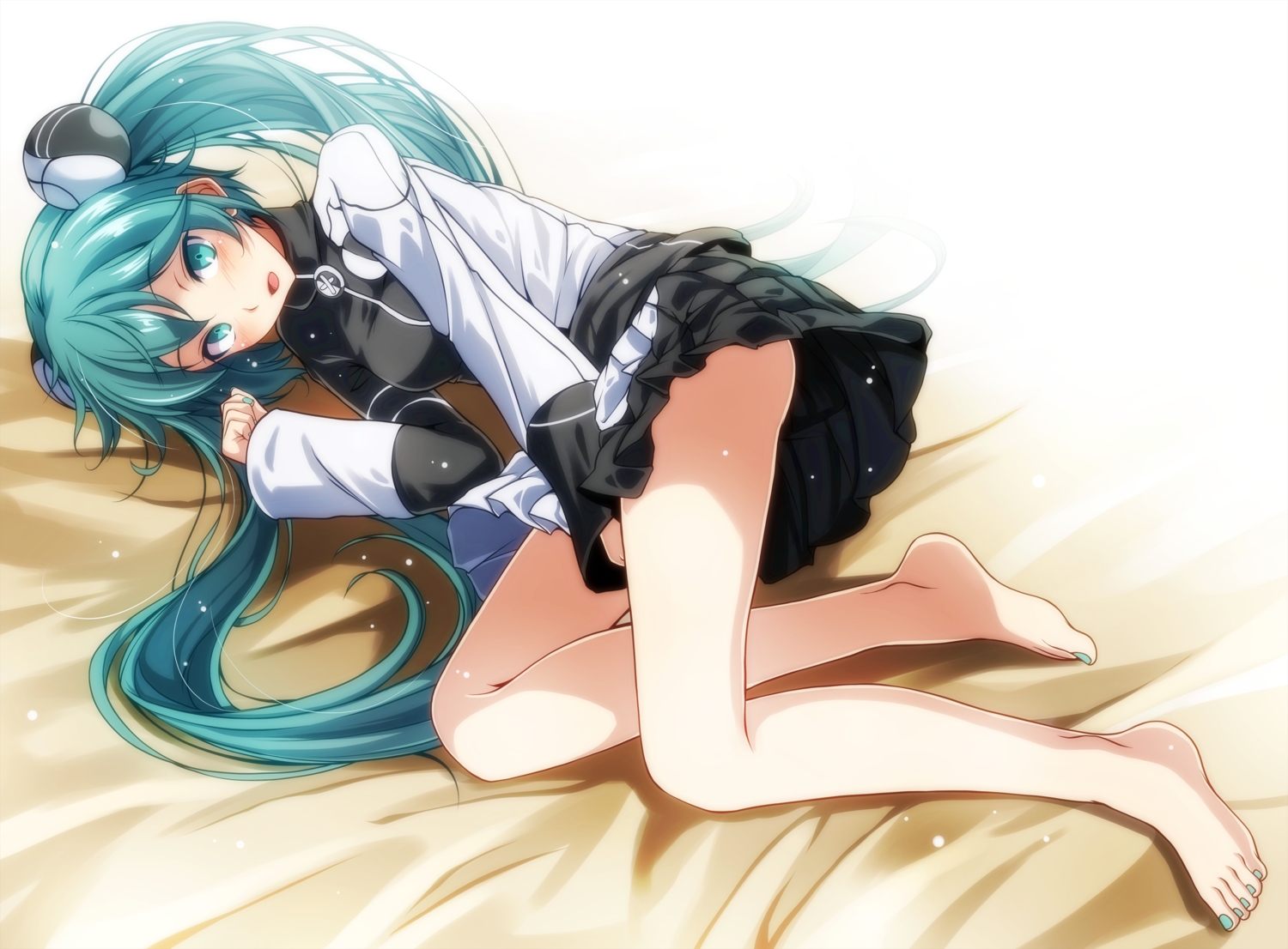 aqua_eyes, aqua_hair, barefoot, hatsune_miku, long_hair, skirt, tsukishiro_saika, twintails, vocaloid