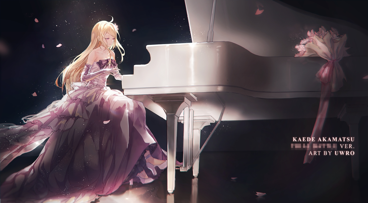akamatsu_kaede, blonde_hair, bow, cherry_blossoms, dangan-ronpa, dress, elbow_gloves, flowers