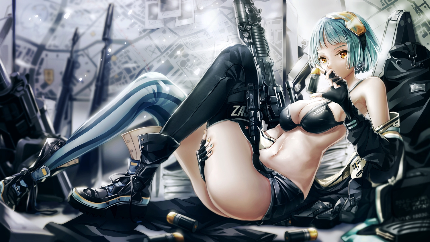 anthropomorphism, aqua_hair, bikini_top, breasts, cleavage, girls_frontline, gloves, gun, navel, short_hair, skirt, thighhighs, vvy, weapon, yellow_eyes, zas_m21_(girls_frontline)