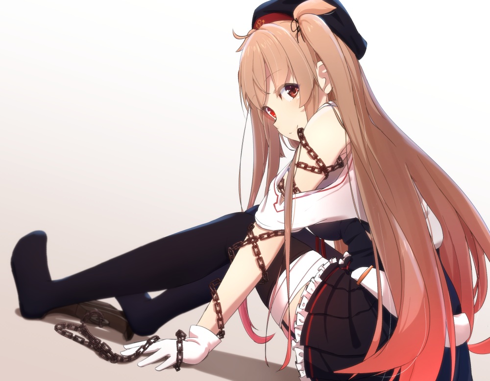 anthropomorphism, blonde_hair, chain, cuon_(kuon), gloves, hat, kantai_collection, long_hair