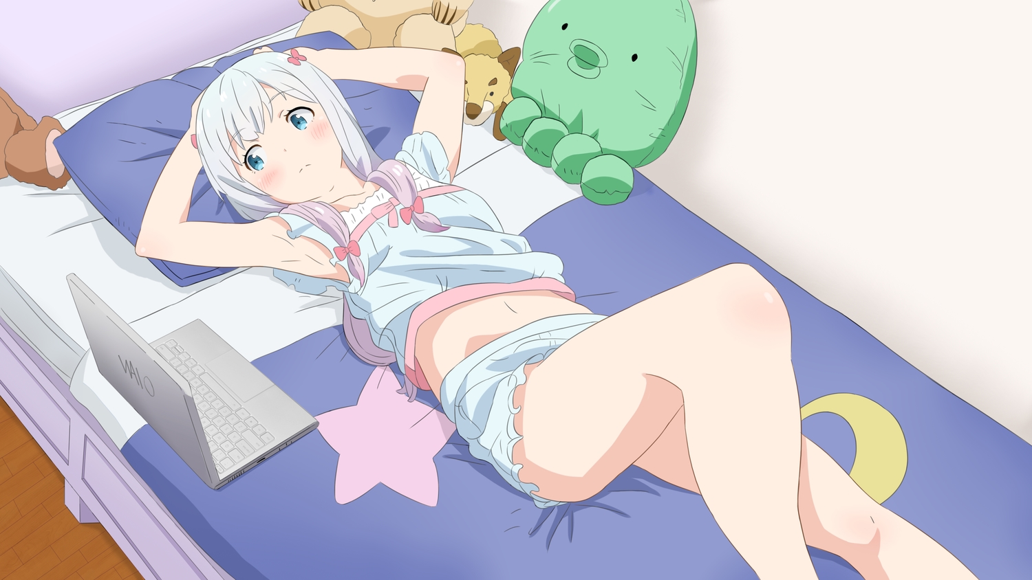 aqua_eyes, bed, blush, computer, eromanga-sensei, fukuri, gray_hair, izumi_sagiri