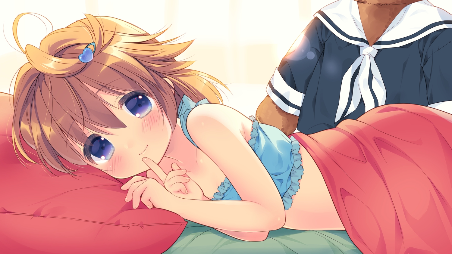 bed, blue_eyes, blush, bra, brown_hair, chishima_mako, close, game_cg