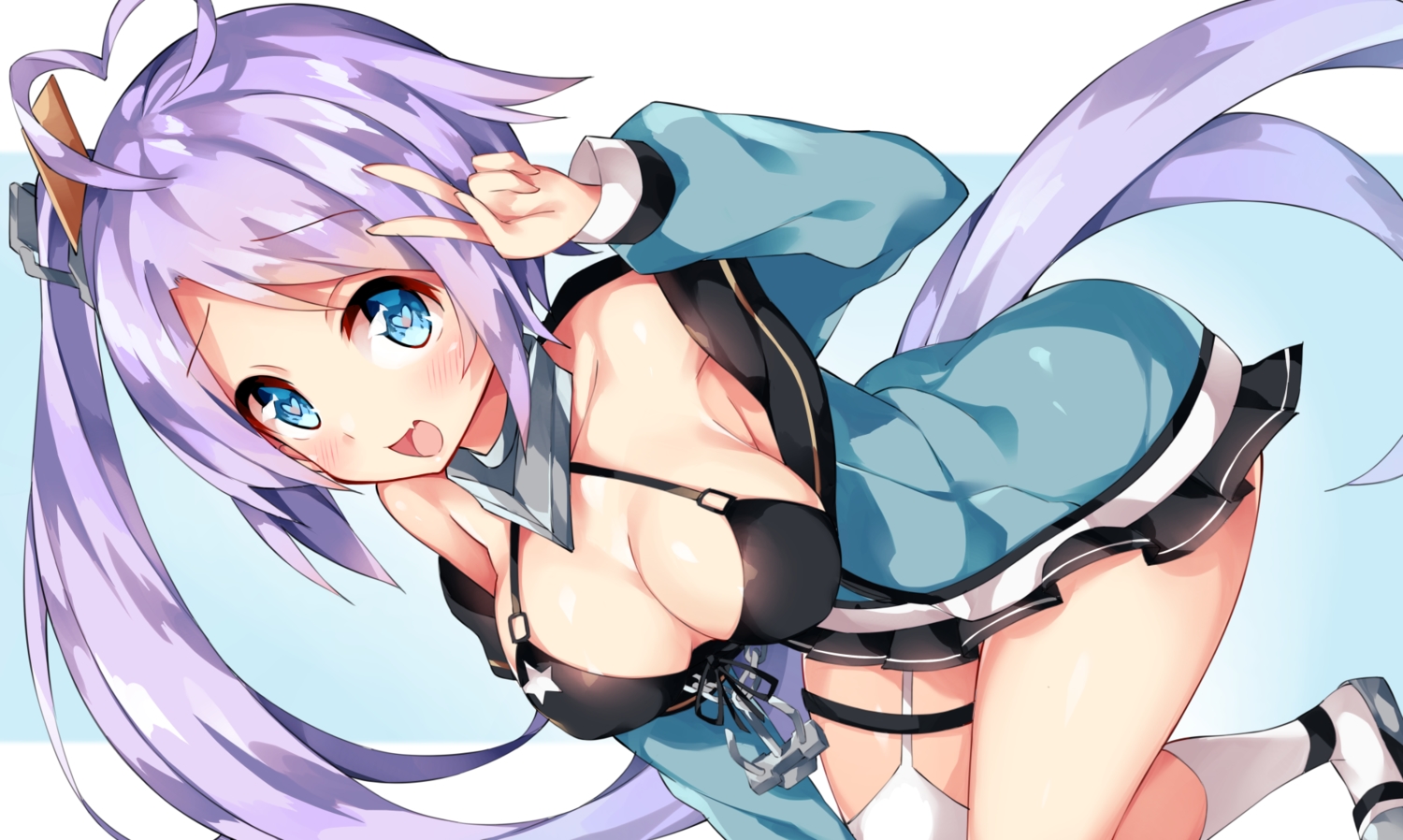 anthropomorphism, aqua_eyes, azur_lane, blush, breasts, cleavage, fang, long_hair
