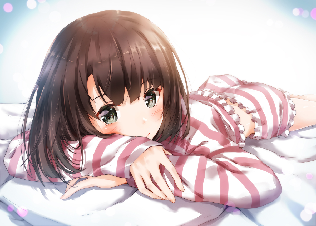 bed, blush, brown_hair, green_eyes, katou_megumi, long_hair, pajamas, saenai_heroine_no_sodatekata, sahara386, shorts
