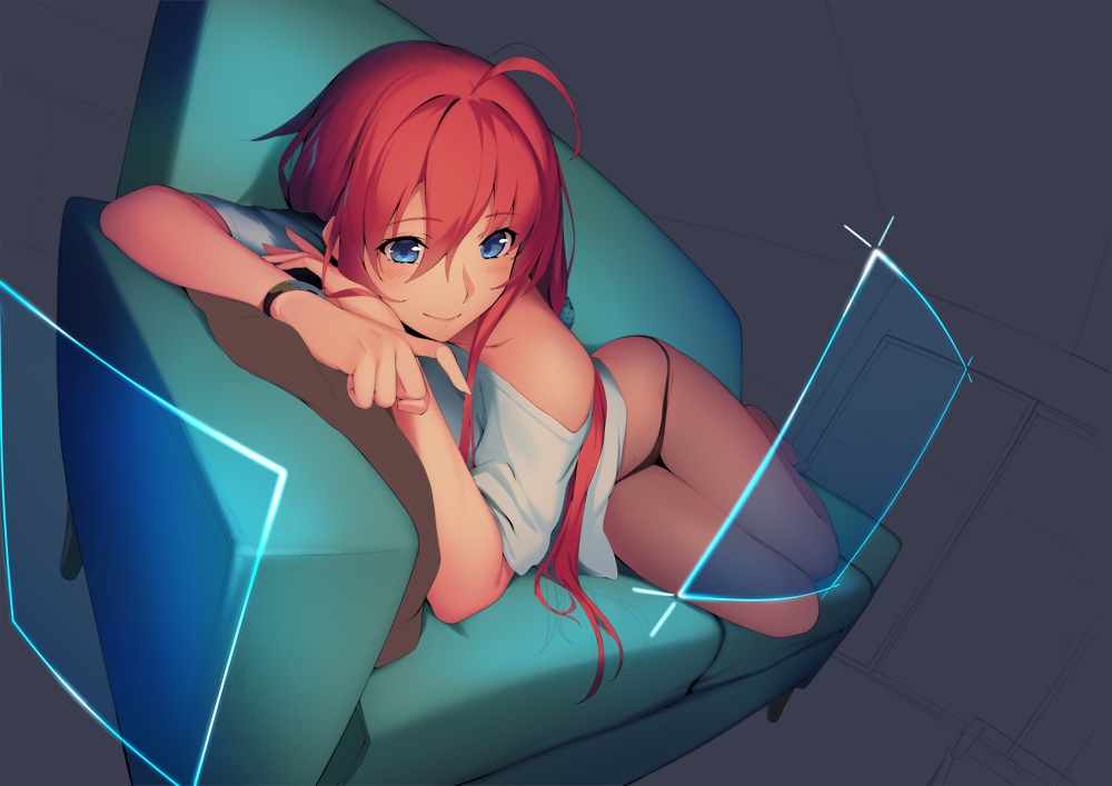 ass, barefoot, blue_eyes, couch, long_hair, original, panties, red_hair
