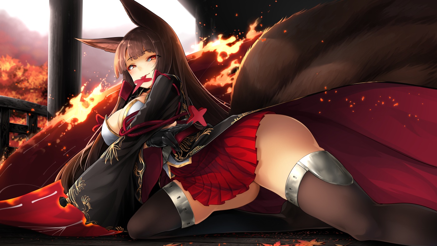 akagi_(azur_lane), animal_ears, anthropomorphism, azur_lane, breasts, brown_hair, cleavage, fire