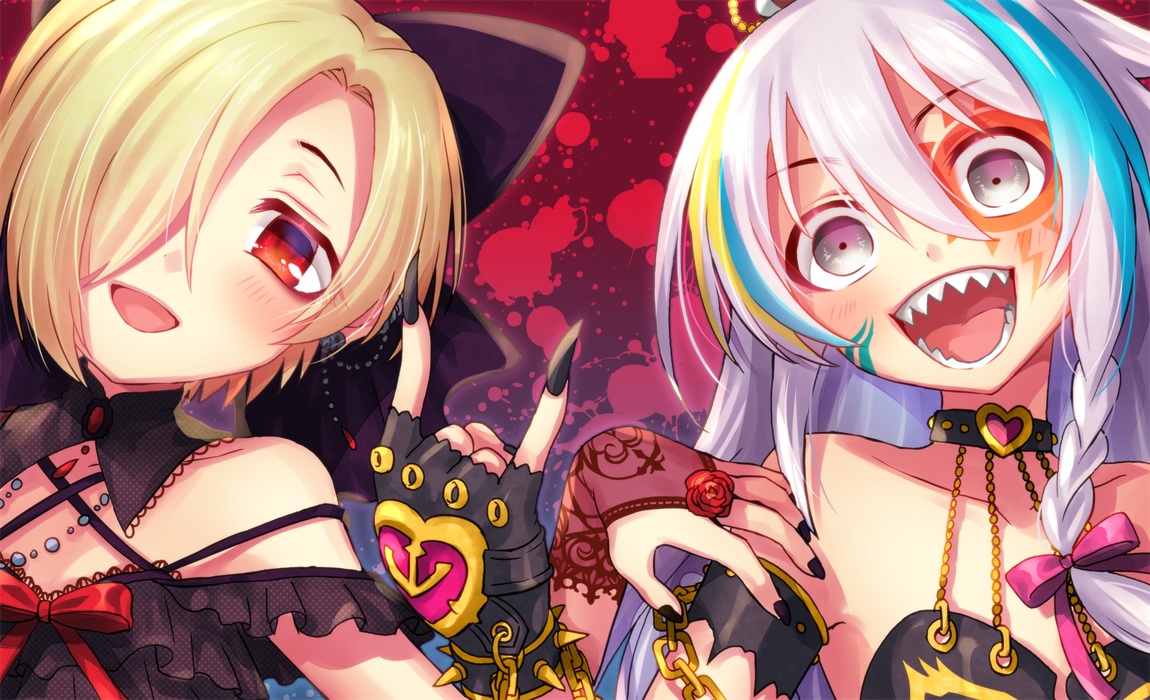 2girls, blonde_hair, blush, bow, chain, close, collar, flat_chest, gloves, gray_eyes, gray_hair, hoshi_shouko, idolmaster, idolmaster_cinderella_girls, necklace, red_eyes, ribbons, ruku_(ruku_5050), shirasaka_koume, tattoo