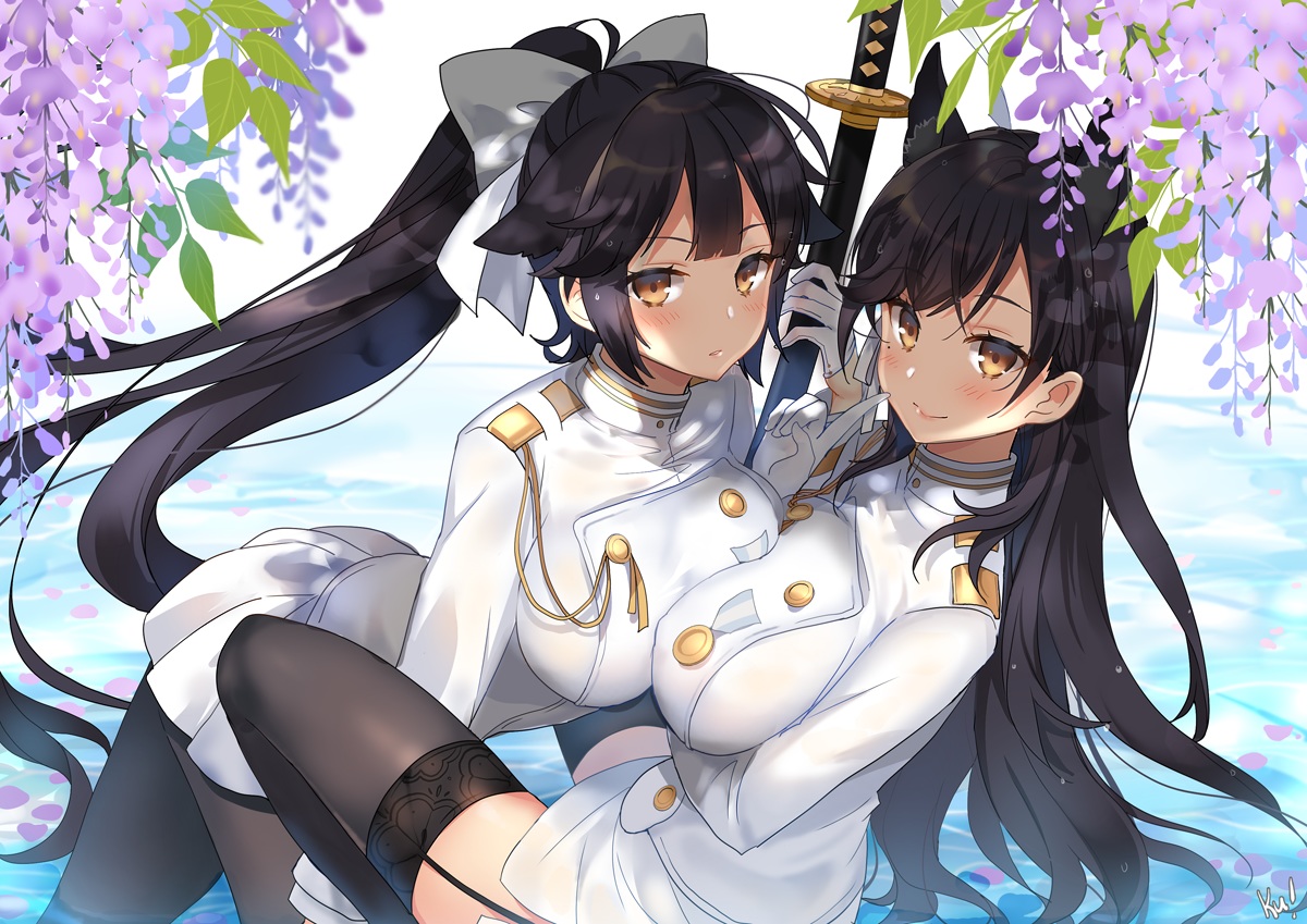 2girls, animal_ears, anthropomorphism, atago_(azur_lane), azur_lane, black_hair, blush, breasts