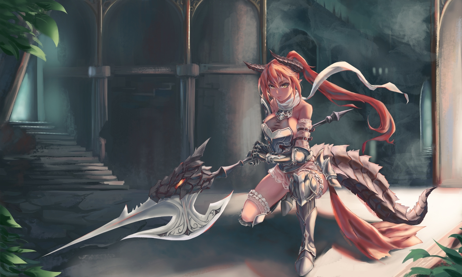 armor, elbow_gloves, gloves, horns, kakumayu, long_hair, orange_hair, original, pointed_ears, ponytail, scarf, stairs, tail, weapon, yellow_eyes