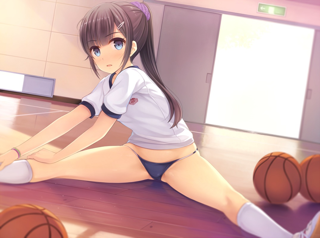 aqua_eyes, ball, brown_hair, kneehighs, long_hair, original, ponytail, socks