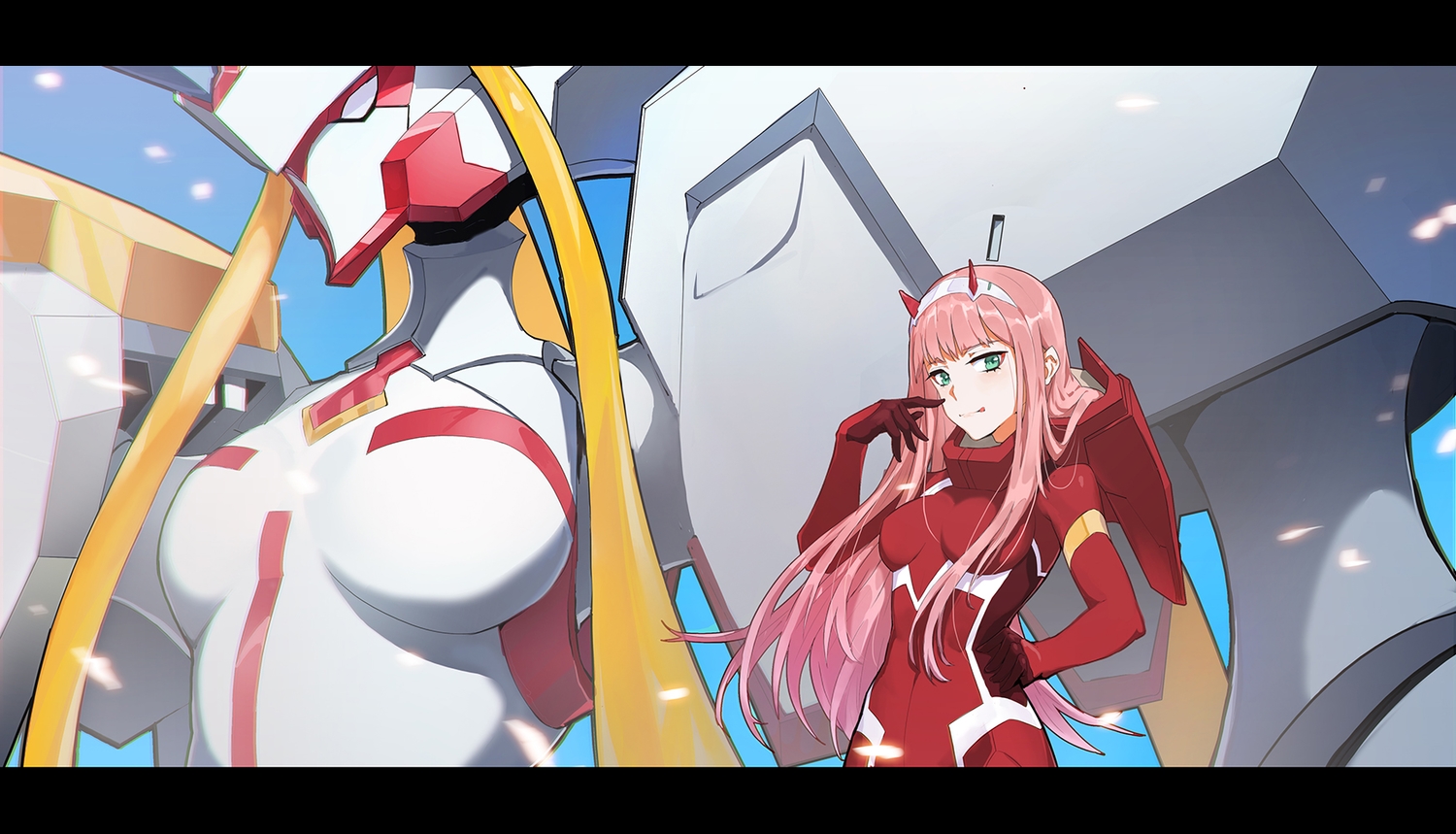 bodysuit, breasts, darling_in_the_franxx, green_eyes, headband, horns, long_hair, mecha, pink_hair, reisun001, zero_two