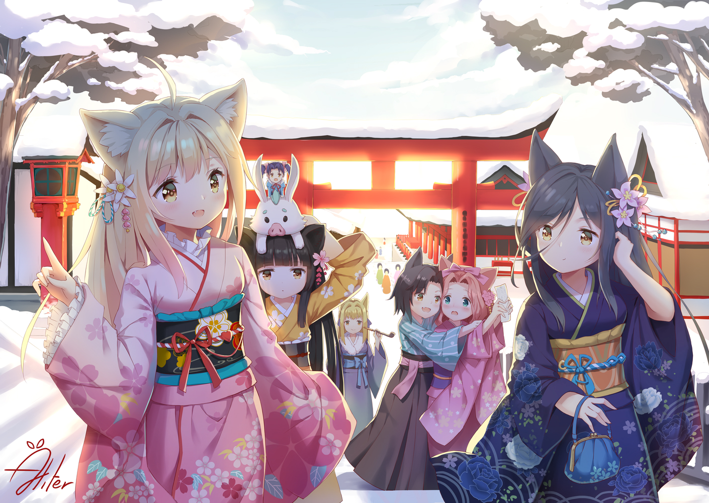 aliter, animal_ears, black_hair, blonde_hair, blush, brown_eyes, fang, flowers