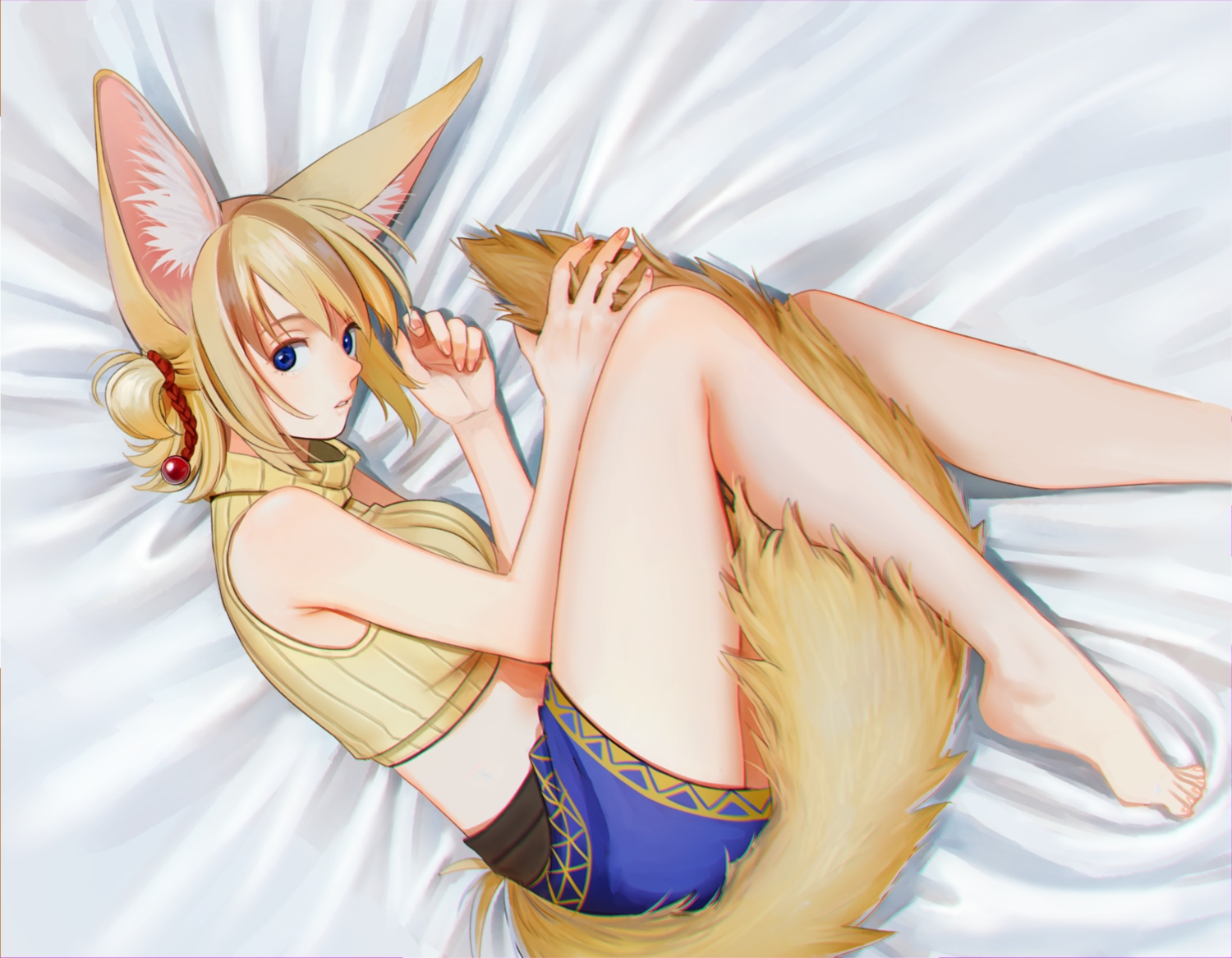 animal_ears, barefoot, bed, blonde_hair, blue_eyes, foxgirl, nashigaya_koyomi, original