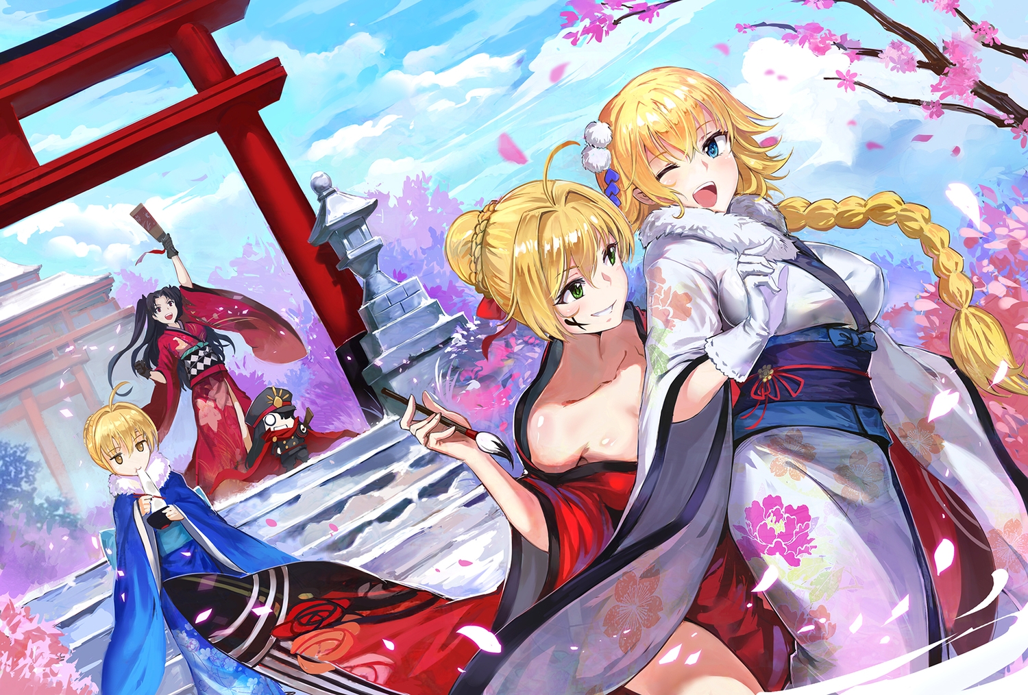 artoria_pendragon_(all), black_hair, blonde_hair, blue_eyes, bow, braids, cherry_blossoms, clouds