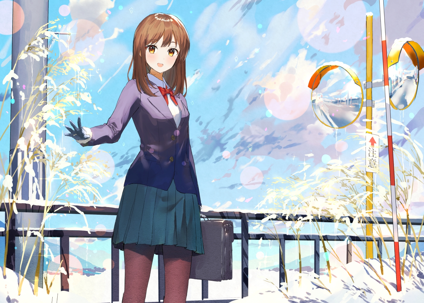 akamizuki_(akmzk), blush, brown_hair, gloves, mirror, orange_eyes, original, pantyhose, reflection, school_uniform, skirt