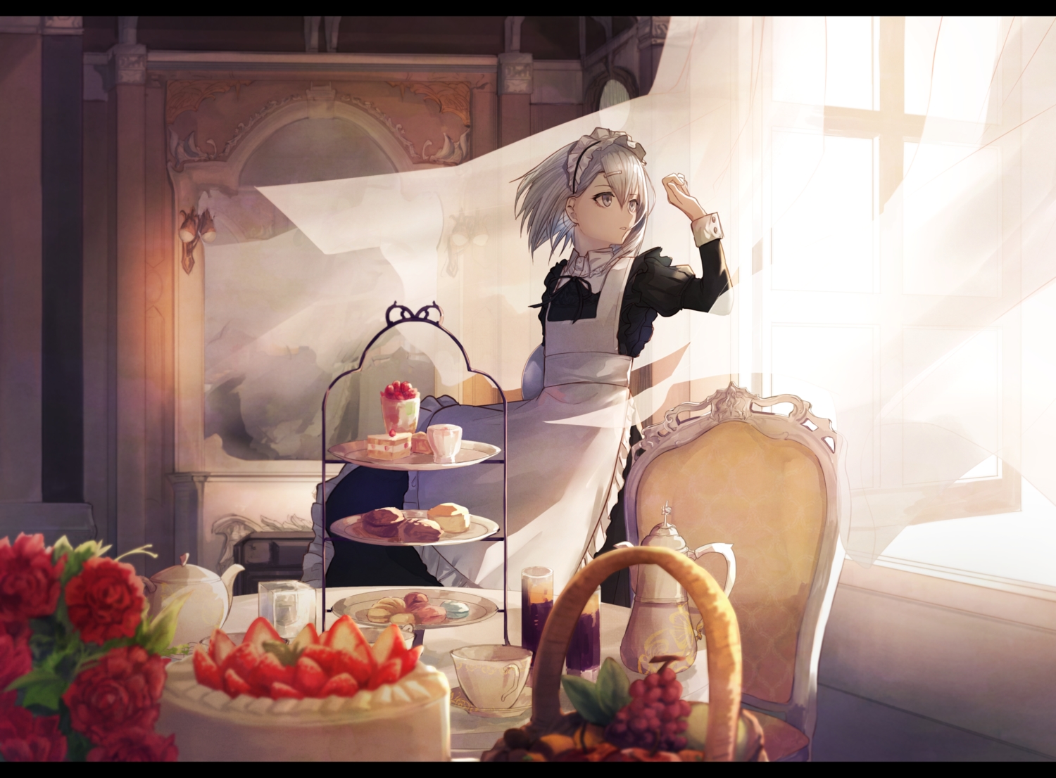 apron, cake, eisuto, flowers, food, fruit, gray_eyes, gray_hair