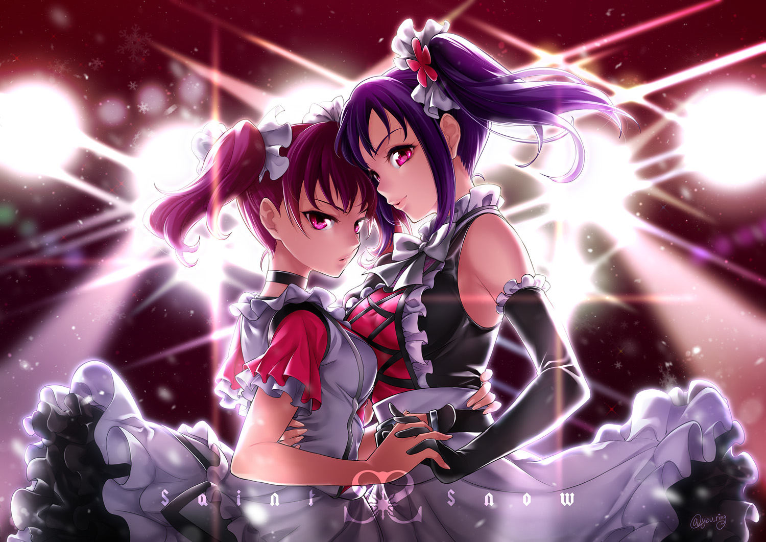 2girls, dress, elbow_gloves, gloves, jpeg_artifacts, kazuno_leah, kazuno_sarah, kitano_tomotoshi