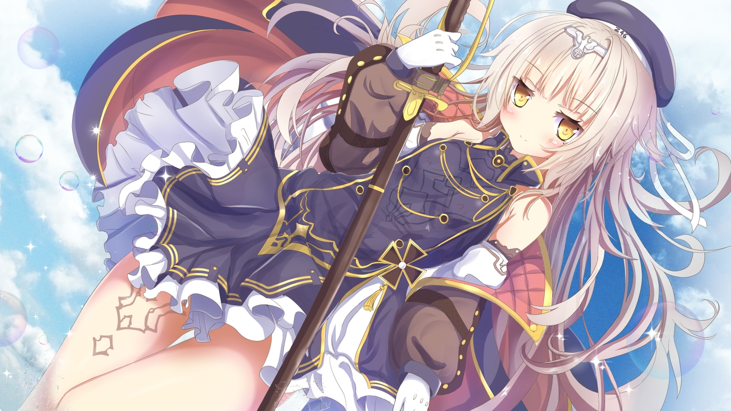 aliasing, anthropomorphism, aruka_(alka_p1), azur_lane, blonde_hair, dress, gloves, hat