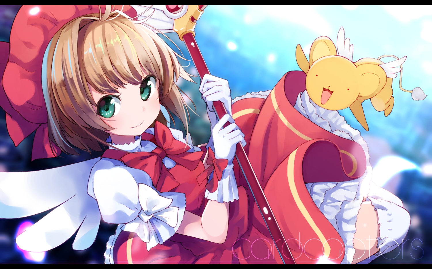 animal, brown_hair, card_captor_sakura, dress, gloves, green_eyes, hat, kero