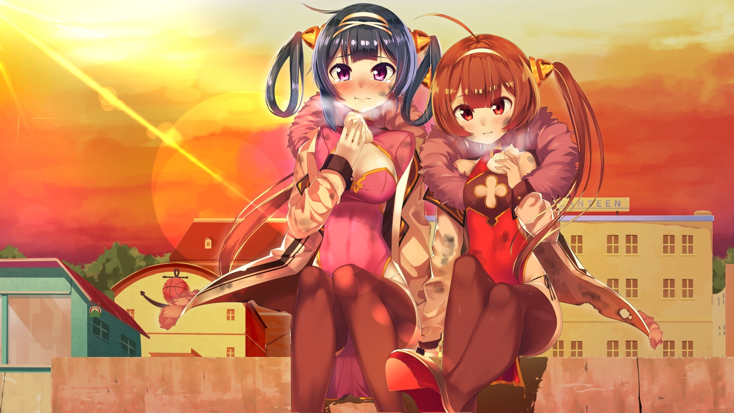 2girls, anthropomorphism, azur_lane, black_hair, breasts, brown_hair, chinese_clothes, chinese_dress