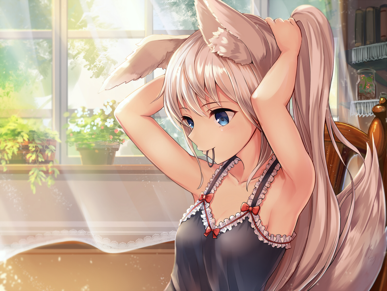 animal_ears, aqua_eyes, blonde_hair, blush, bow, foxgirl, long_hair, original