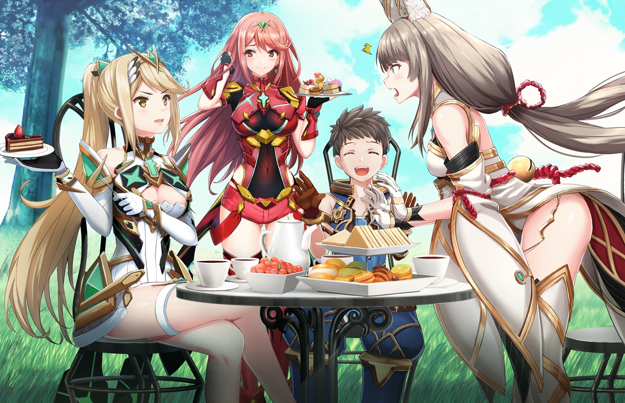 animal_ears, bell, blonde_hair, bodysuit, breasts, brown_hair, cake, drink, elbow_gloves, food, fruit, gloves, gray_hair, group, headdress, hikari_(xenoblade), homura_(xenoblade), long_hair, male, niyah_(xenoblade), ponytail, red_eyes, red_hair, rex_(xenoblade), rods, short_hair, shorts, strawberry, thighhighs, xenoblade, yellow_eyes