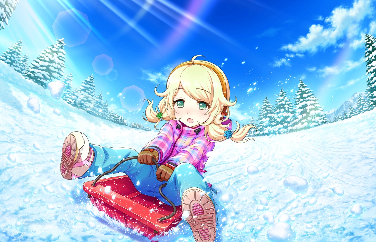 annin_doufu, blonde_hair, blush, boots, earmuffs, gloves, green_eyes, idolmaster
