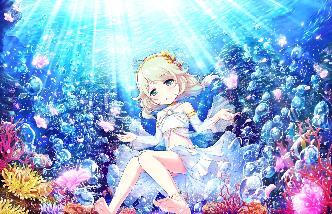 animal, annin_doufu, barefoot, blonde_hair, bubbles, choker, fish, green_eyes
