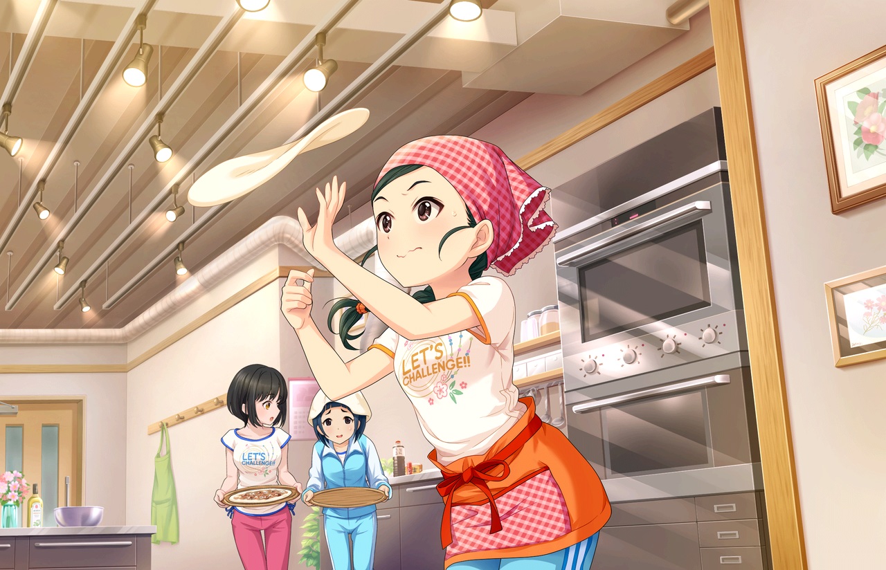 annin_doufu, apron, food, hat, idolmaster, idolmaster_cinderella_girls, idolmaster_cinderella_girls_starlight_stage, shiragiku_hotaru, shuto_aoi, takafuji_kako