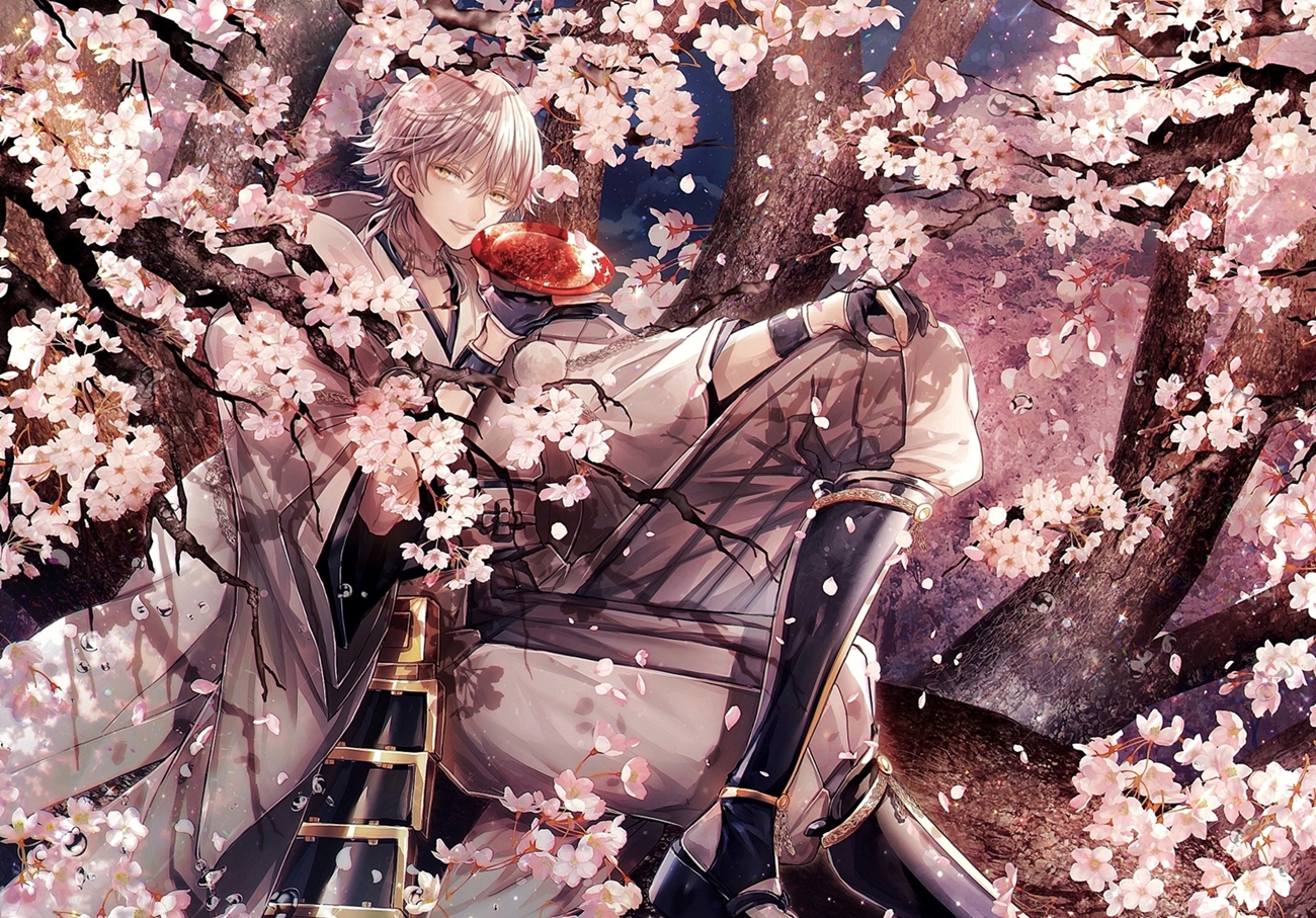 abandon_ranka, all_male, anthropomorphism, cherry_blossoms, drink, flowers, gloves, japanese_clothes