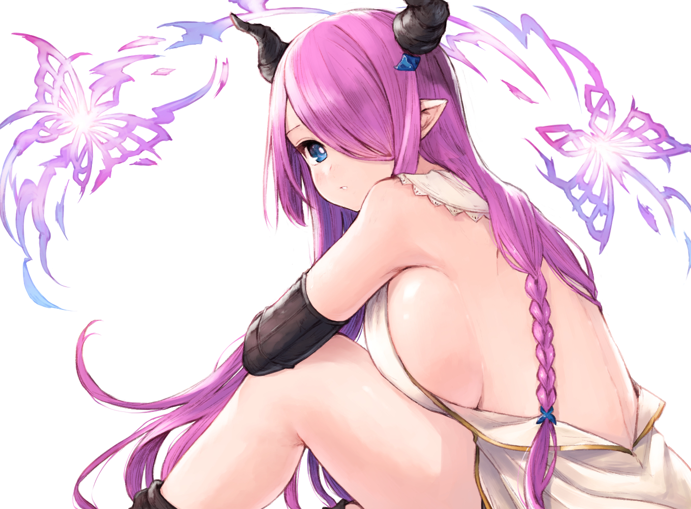 blue_eyes, braids, breasts, dress, granblue_fantasy, horns, koretsuki_aduma, long_hair, narmaya_(granblue_fantasy), pointed_ears, purple_hair, sideboob