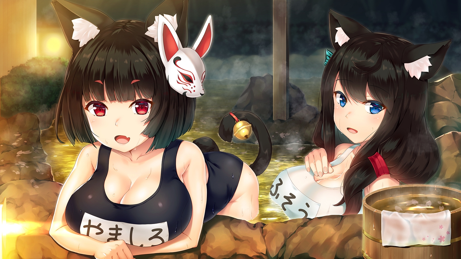 2girls, animal_ears, anthropomorphism, aqua_eyes, azur_lane, bell, black_hair, breasts, catgirl, cleavage, fang, fusou_(azur_lane), long_hair, mask, mihamimo, onsen, red_eyes, school_swimsuit, swimsuit, tail, water, wet, yamashiro_(azur_lane)