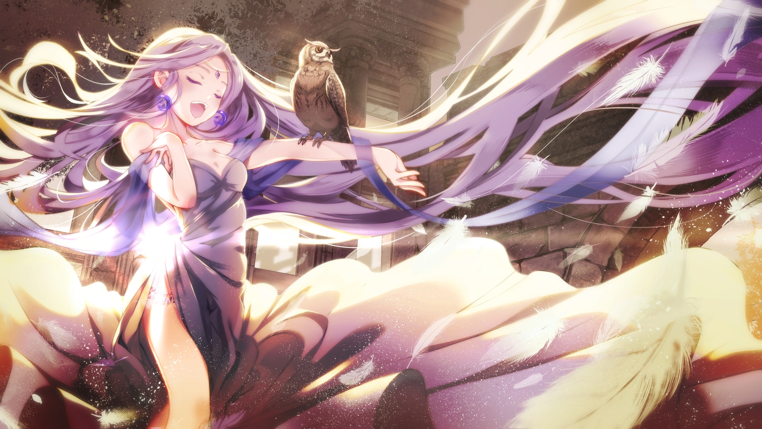 animal, bird, blush, breasts, cleavage, dress, feathers, headdress, long_hair, minami_mofuko, original, owl, purple_hair
