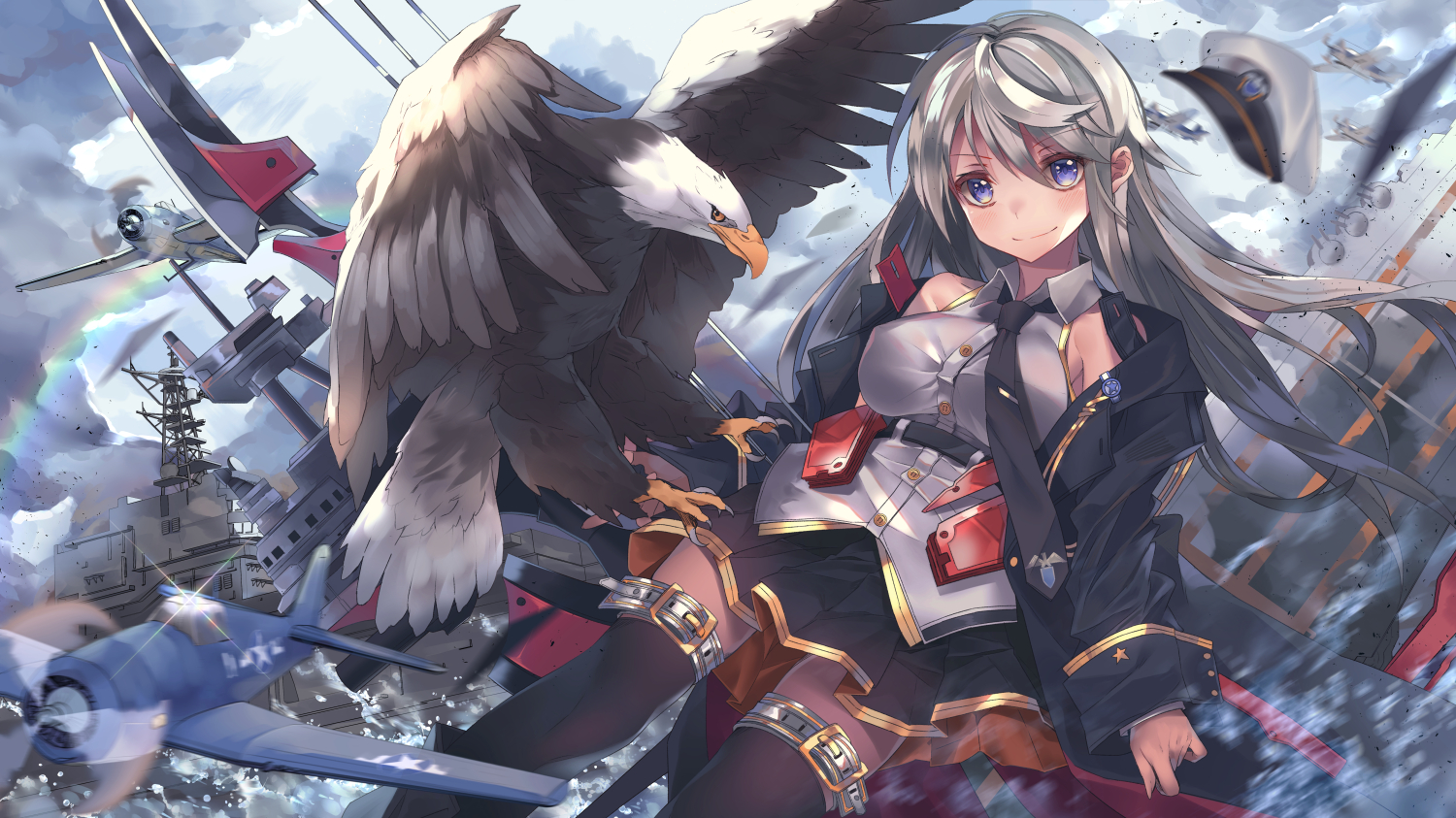 aircraft, animal, anthropomorphism, azur_lane, bird, blonde_hair, blue_eyes, clouds