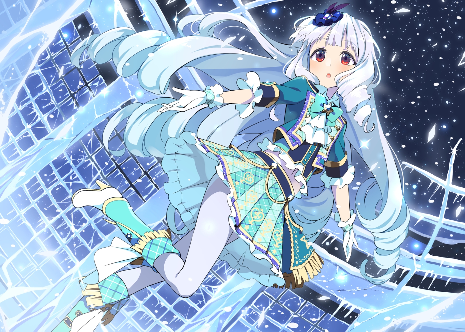 aikatsu!, boots, gloves, long_hair, pantyhose, red_eyes, shirogane_lily, skirt, wara_(warapro), white_hair