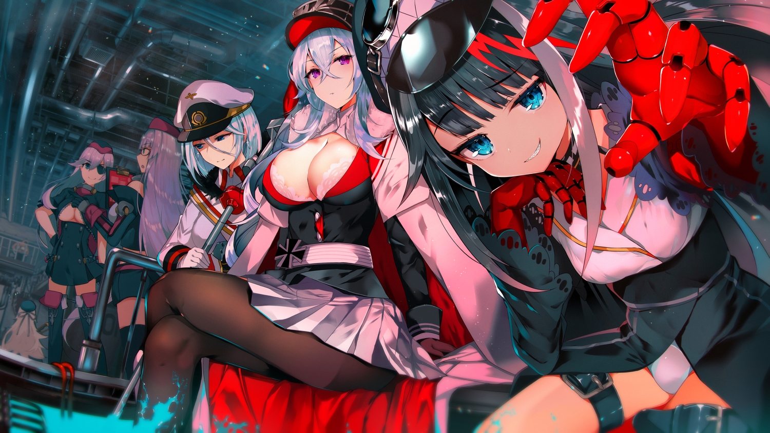 anthropomorphism, aqua_eyes, azur_lane, black_hair, breasts, deutschland_(azur_lane), eyepatch, glasses, gloves, gneisenau_(azur_lane), graf_zeppelin_(azur_lane), group, hat, long_hair, pantyhose, purple_eyes, scharnhorst_(azur_lane), skirt, tetsubuta, thighhighs, tirpitz_(azur_lane), waifu2x, white_hair, z46_(azur_lane)