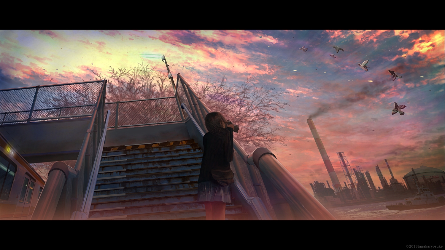 animal, bird, black_hair, boat, building, camera, clouds, industrial