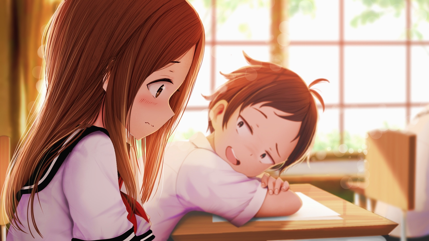 aliasing, blush, brown_eyes, brown_hair, close, karakai_jouzu_no_takagi-san, loli, long_hair, male, nishikata_(karakai_jouzu_no_takagi-san), school_uniform, short_hair, sigit_dwiky, takagi-san