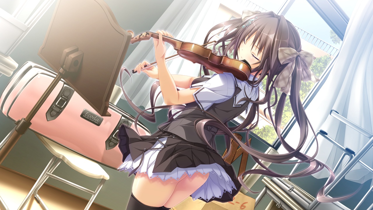 andou_misaki, ass, bow, brown_hair, chrono_clock, game_cg, instrument, koku