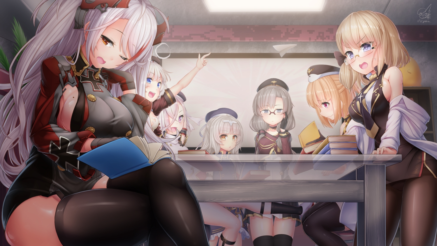 aliasing, anthropomorphism, aqua_eyes, azur_lane, book, breasts, doyouwantto, glasses, gloves, group, hat, karlsruhe_(azur_lane), koln_(azur_lane), leipzig_(azur_lane), long_hair, orange_eyes, panties, pantyhose, prinz_eugen_(azur_lane), purple_eyes, short_hair, sideboob, signed, thighhighs, underwear, white_hair, wink, z1_(azur_lane), z23_(azur_lane), z46_(azur_lane)
