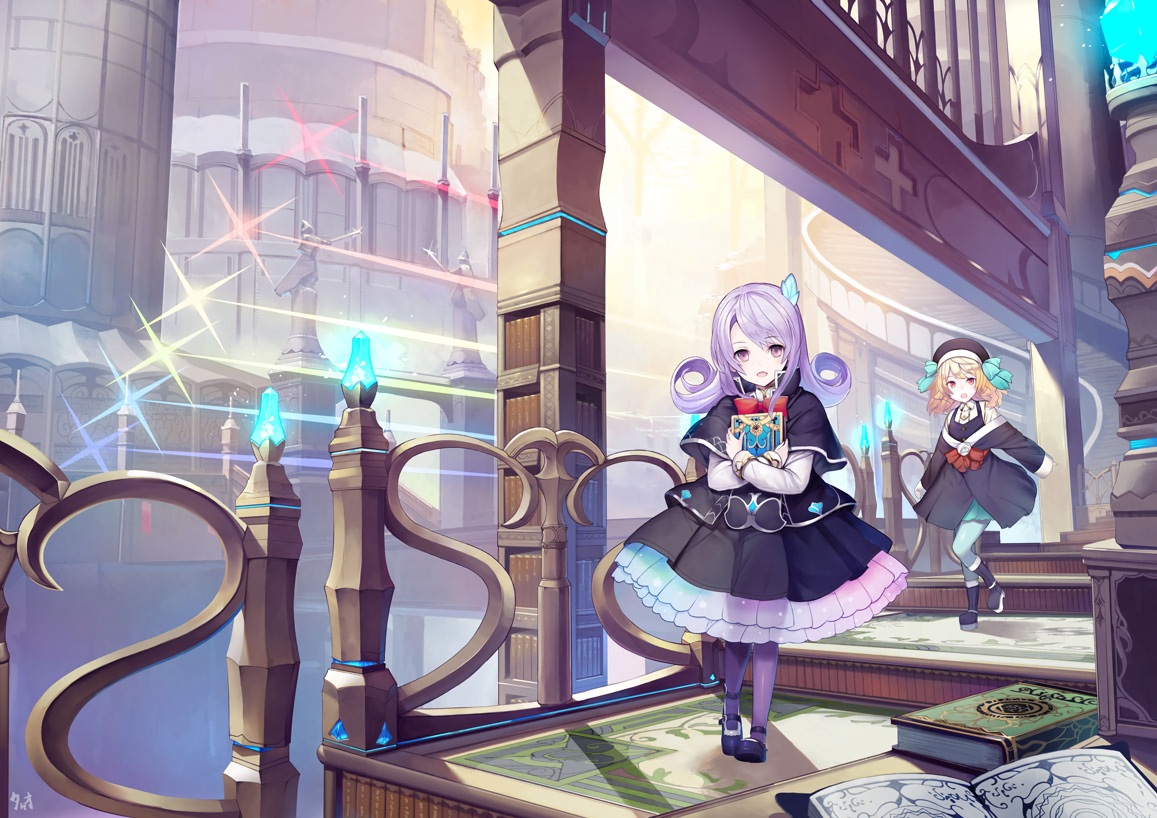 2girls, blonde_hair, book, building, dress, hat, long_hair, original, pantyhose, purple_eyes, purple_hair, saitou_takeo, signed