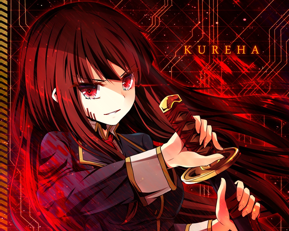akine_(kuroyuri), beatmania, brown_hair, cropped, kureha_(sound_voltex), long_hair, red_eyes, sound_voltex