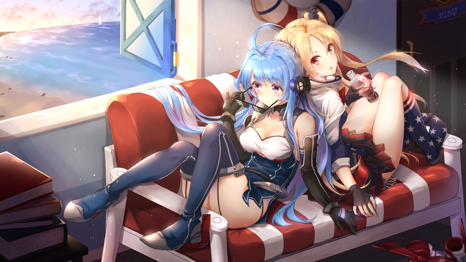 2girls, anthropomorphism, aqua_hair, azur_lane, blonde_hair, blush, breasts, cleveland_(azur_lane)