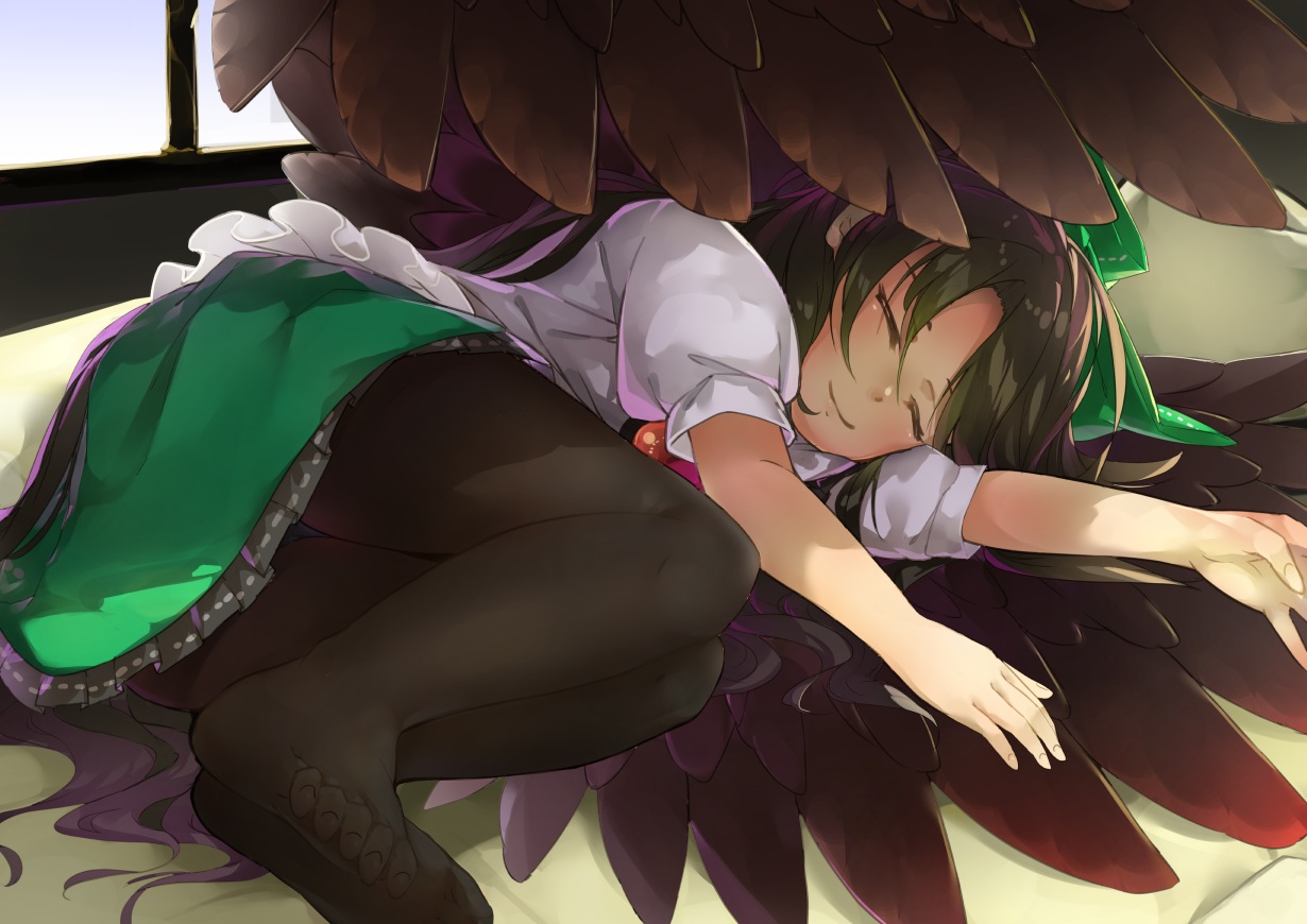 barefoot, brown_hair, long_hair, panties, piyodesu, reiuji_utsuho, sleeping, touhou, underwear, wings