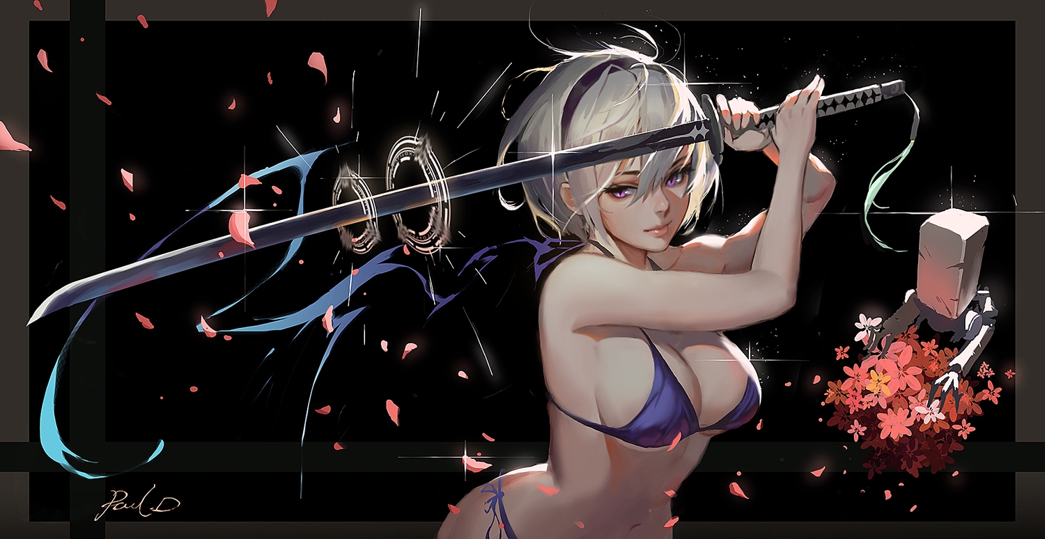 bikini, black, breasts, dark, flowers, gray_eyes, gray_hair, katana, navel, nier, nier:_automata, pauld, petals, pod_(nier:_automata), short_hair, signed, swimsuit, sword, weapon, yorha_unit_no._2_type_b
