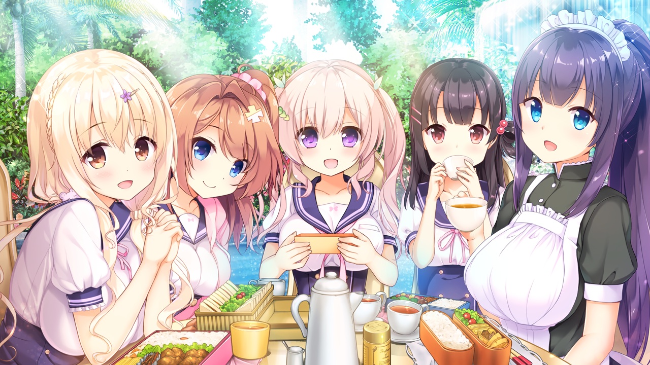 ameto_yuki, apron, aqua_eyes, black_hair, blonde_hair, braids, breasts, brown_hair, chiyuki_touko, drink, food, game_cg, giga, group, hanatsuka_aika, headdress, hinata_momo, hisama_kumako, katagiri_tsubame, kozuya_riku, kumakura_yoake, kurasawa_moko, long_hair, ponytail, purple_eyes, school_uniform, soi_kano_~gyutto_dakishimete~, twintails