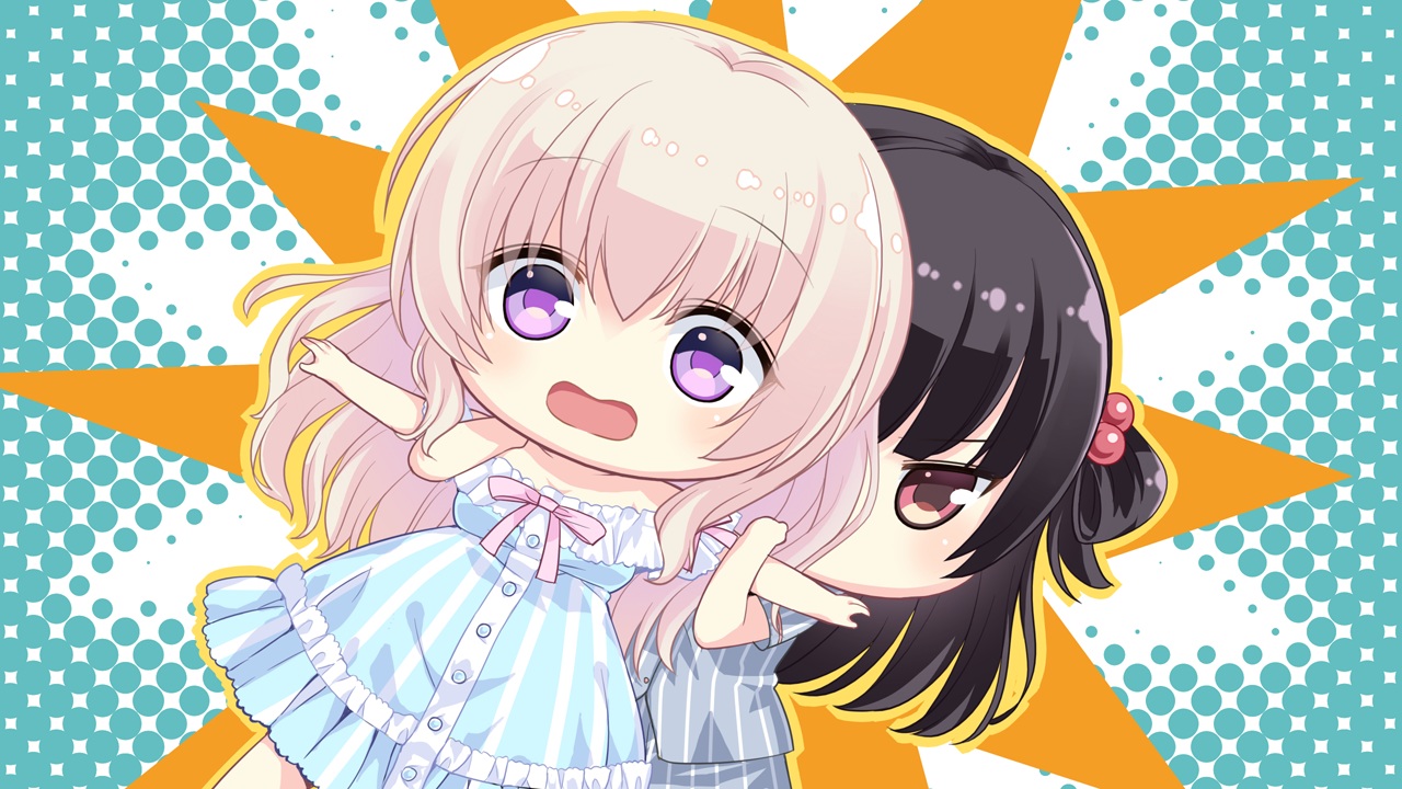 2girls, ameto_yuki, black_hair, blush, chibi, dress, game_cg, giga, hanatsuka_aika, kozuya_riku, long_hair, ponytail, purple_eyes, soi_kano_~gyutto_dakishimete~, tagme_(artist)