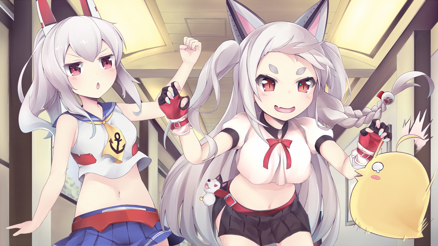 2girls, anthropomorphism, ayanami_(azur_lane), azur_lane, blush, braids, doggirl, gloves, kureha_(angelite), long_hair, manjuu_(azur_lane), navel, school_uniform, skirt, twintails, white_hair, yuudachi_(azur_lane)
