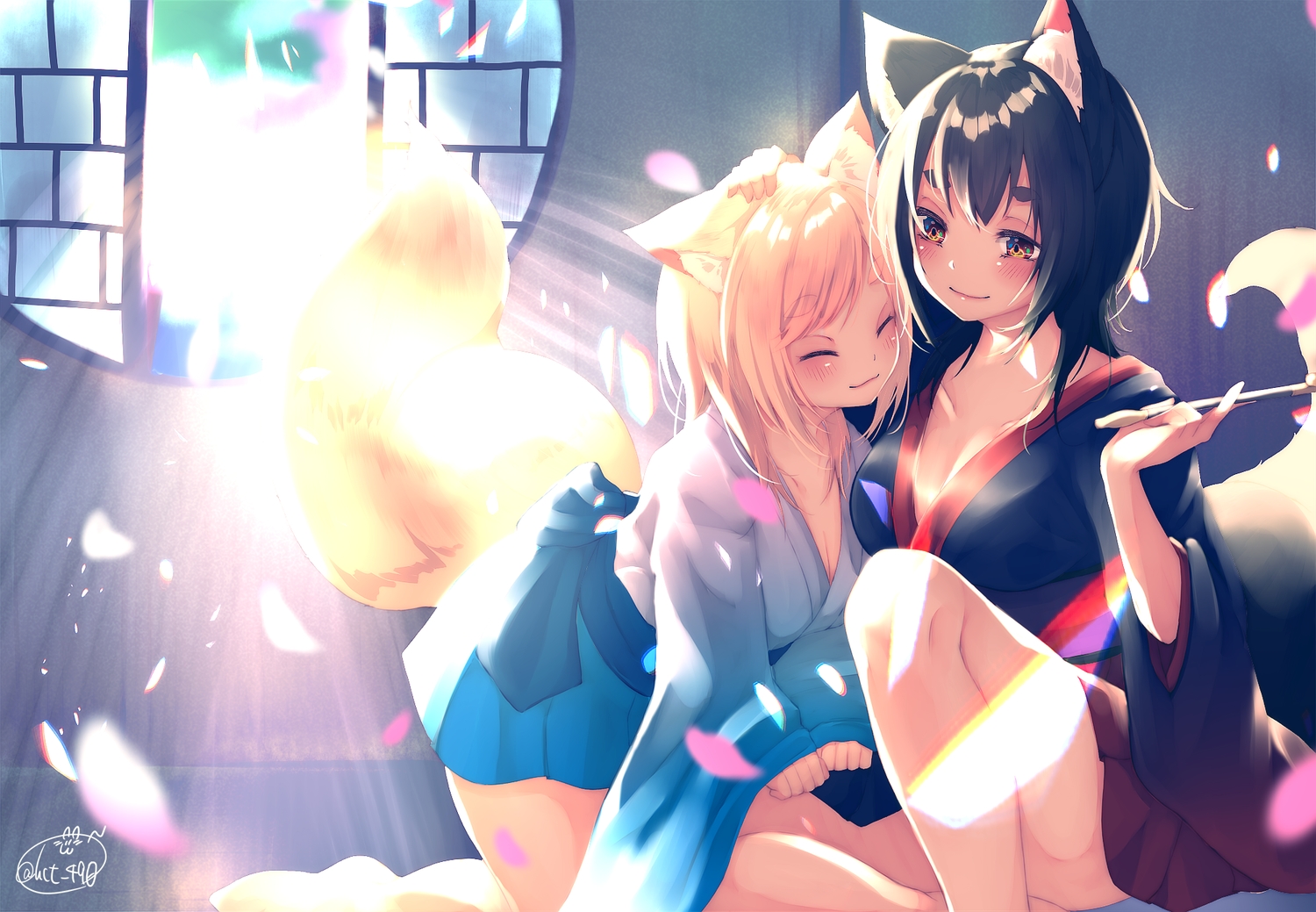 2girls, animal_ears, black_hair, blonde_hair, blush, breasts, chita_(ketchup), cleavage