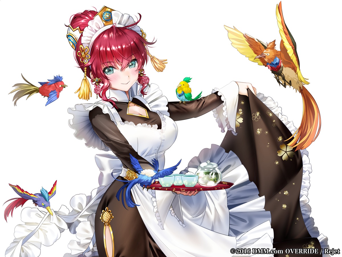 animal, apron, bird, blush, breasts, chinese_clothes, chinese_dress, cleavage